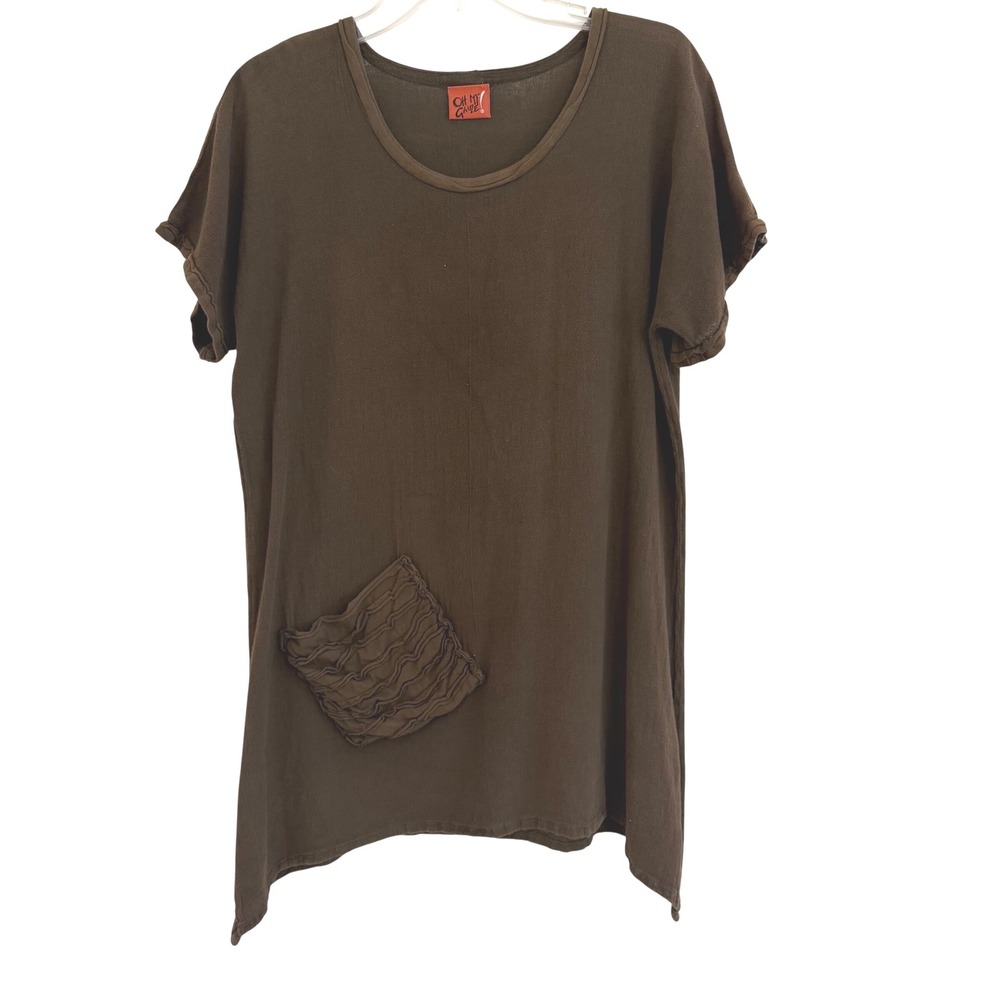 Oh My Gauze Brown Cotton Tunic Top Short Sleeve Ruffle Pocket Lagenlook Size 1